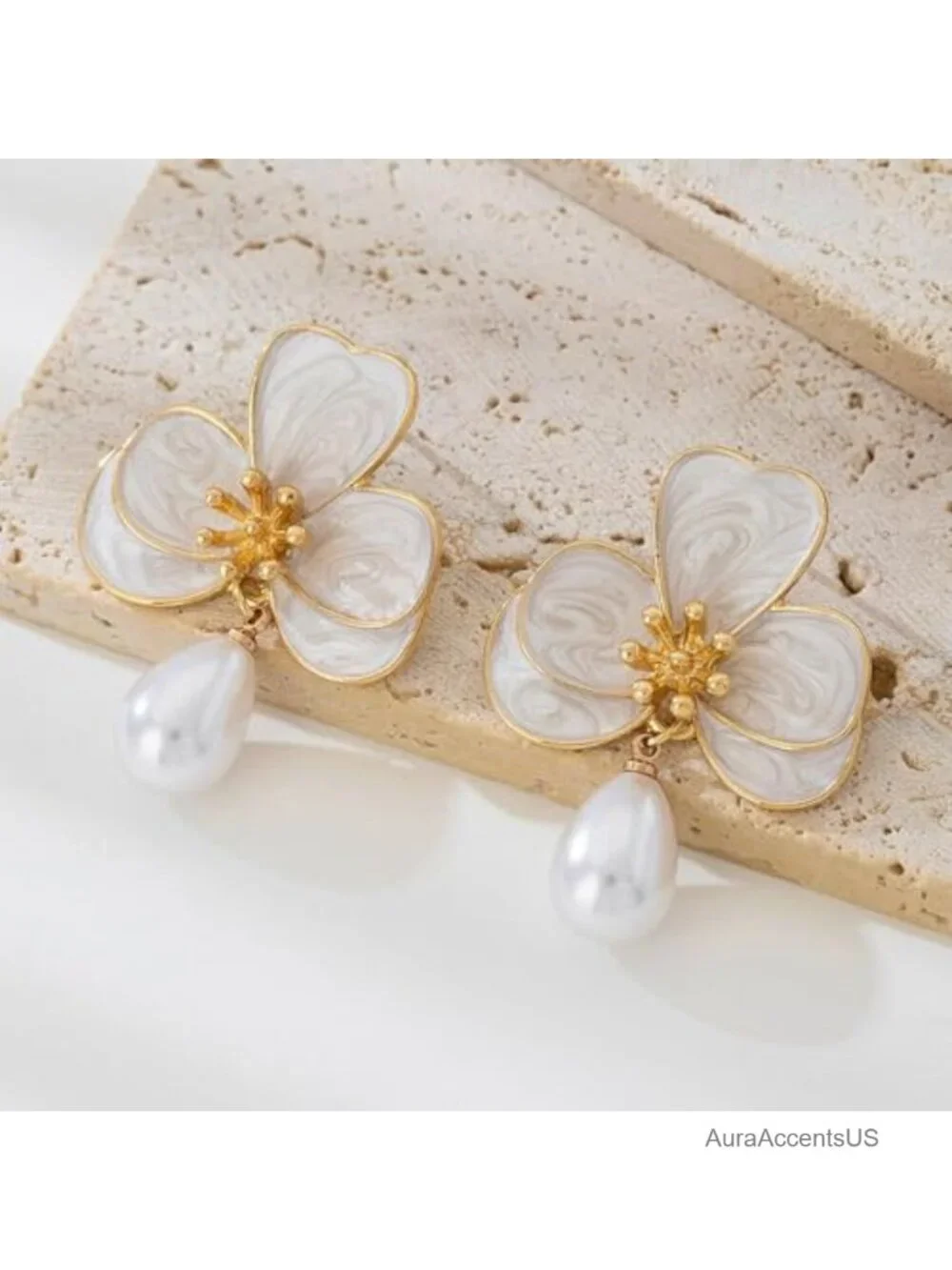 Flower Pearl Drop Earrings for Women Floral Statement Earrings French Wire